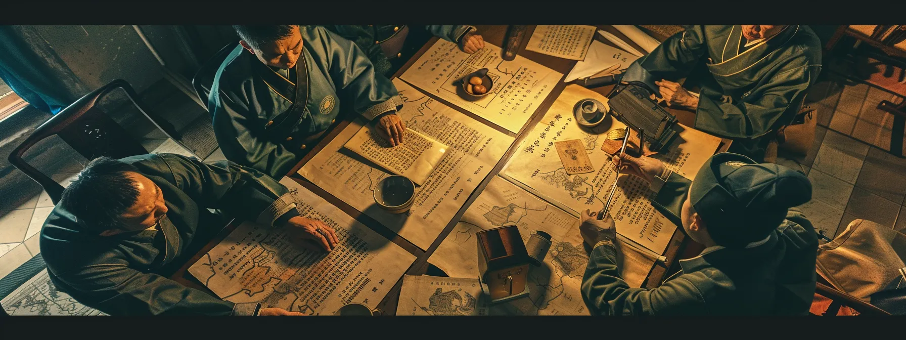 a strategic meeting around a table covered with ancient scrolls and maps, with military leaders studying sun tzu's 