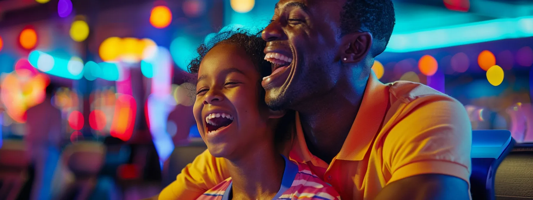 a joyful family laughing and swinging golf clubs at a vibrant topgolf venue, surrounded by colorful targets and welcoming atmosphere.