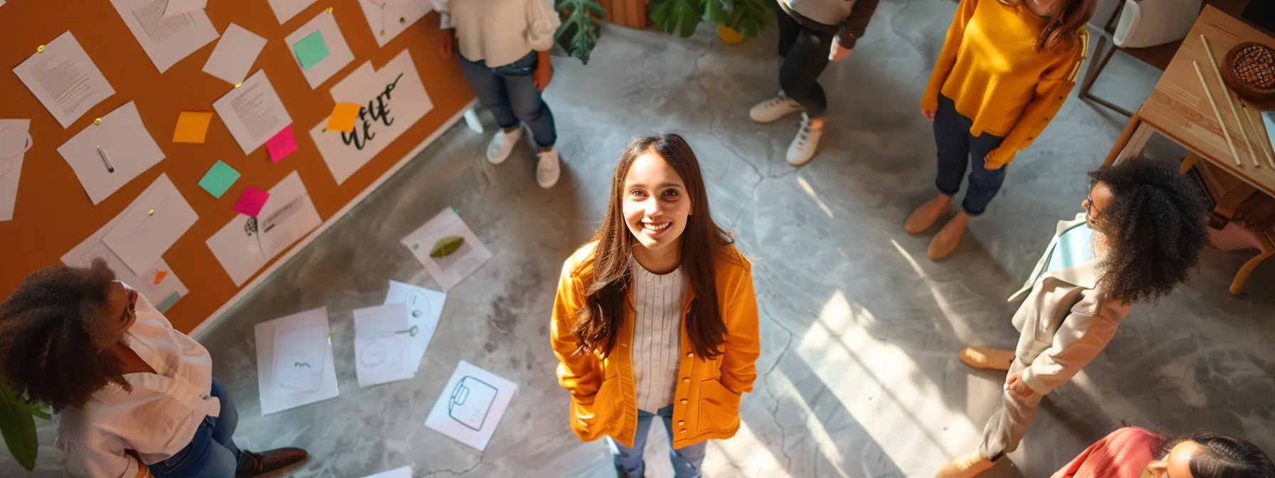 a woman confidently standing in a circle of supportive colleagues, surrounded by inspirational quotes and personal achievements displayed on a vision board.