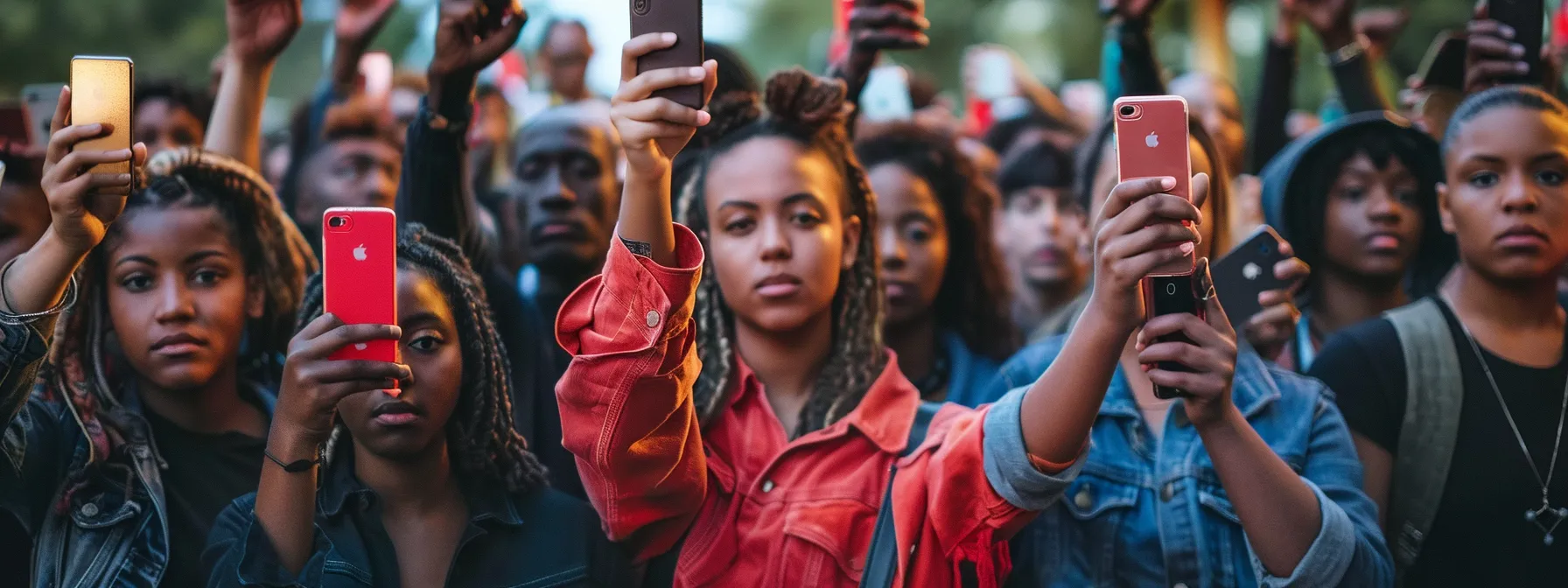 a diverse group of young activists holding up smartphones with #justiceforall trending on the screens, amplifying mlk's legacy in the digital age.