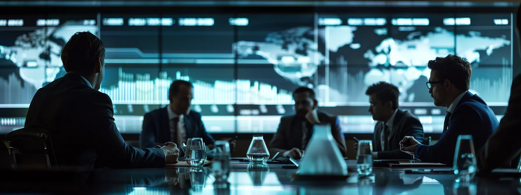 a group of professionals in a boardroom, discussing charts and graphs, with a clear timeline displayed on a screen in the background.