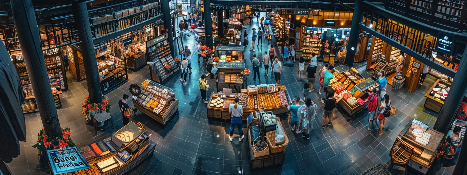 a bustling marketplace filled with diverse small businesses, showcasing the innovative impact of jack ma's alibaba on global commerce.