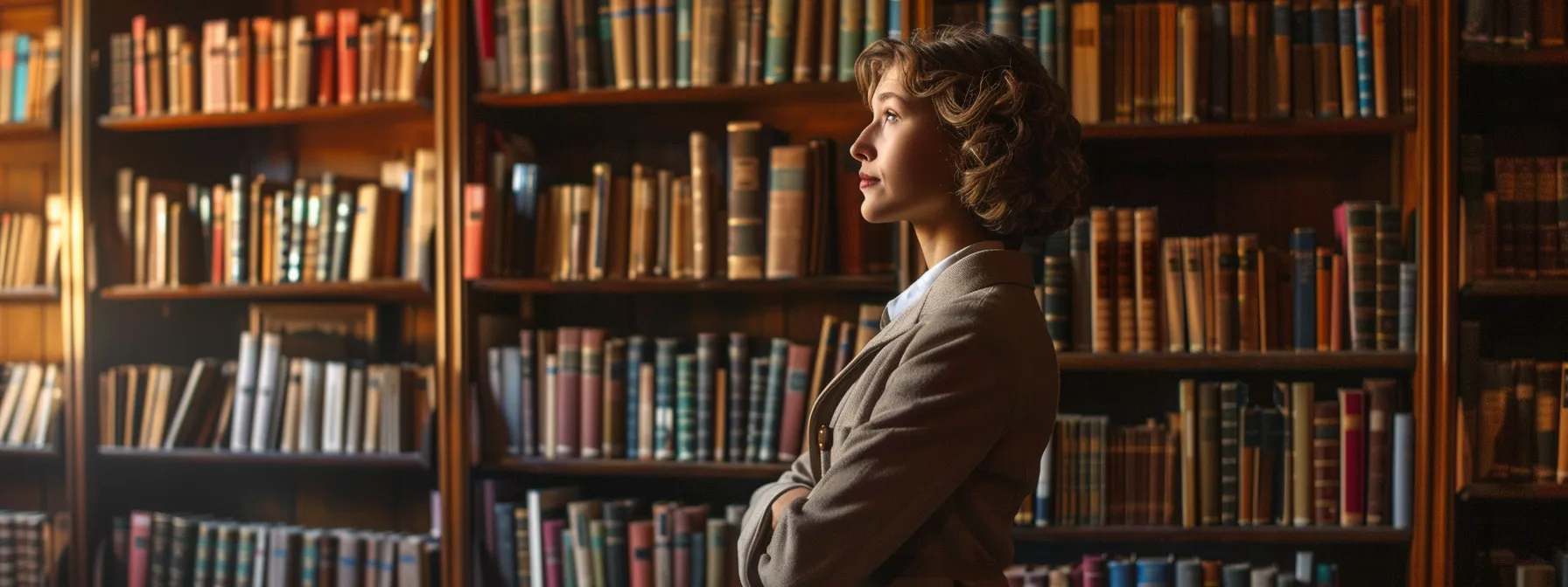 a young eleanor roosevelt in a library surrounded by books, absorbing knowledge and shaping her commitment to human rights.