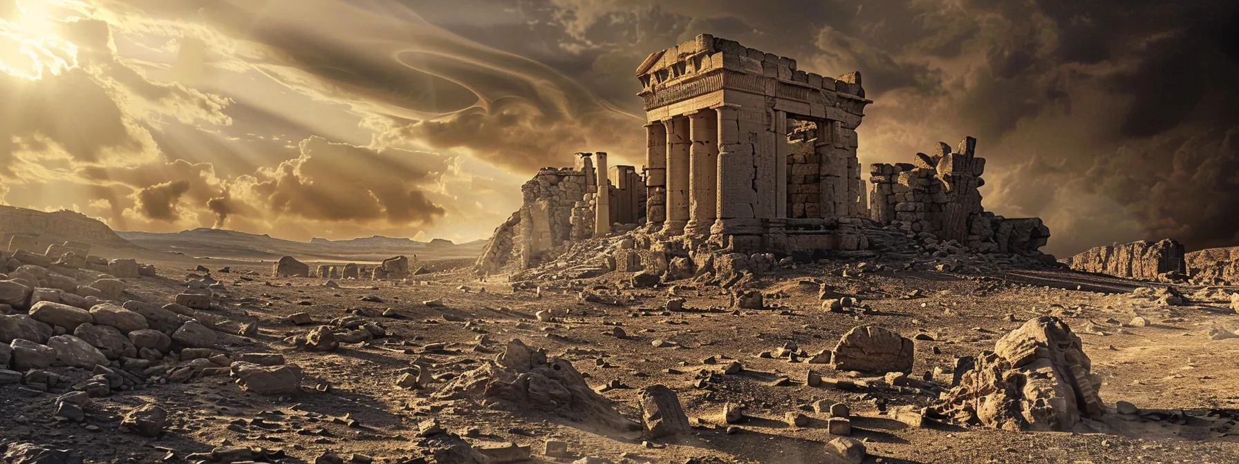 a crumbling ancient temple surrounded by barren, deserted lands symbolic of the decline of empires.