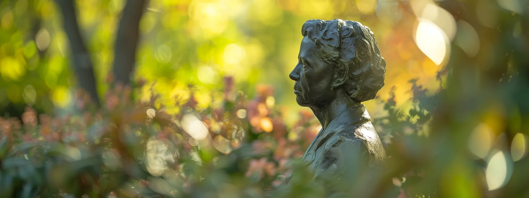 a statue of eleanor roosevelt stands tall in a peaceful garden, symbolizing her enduring legacy in human rights advocacy.