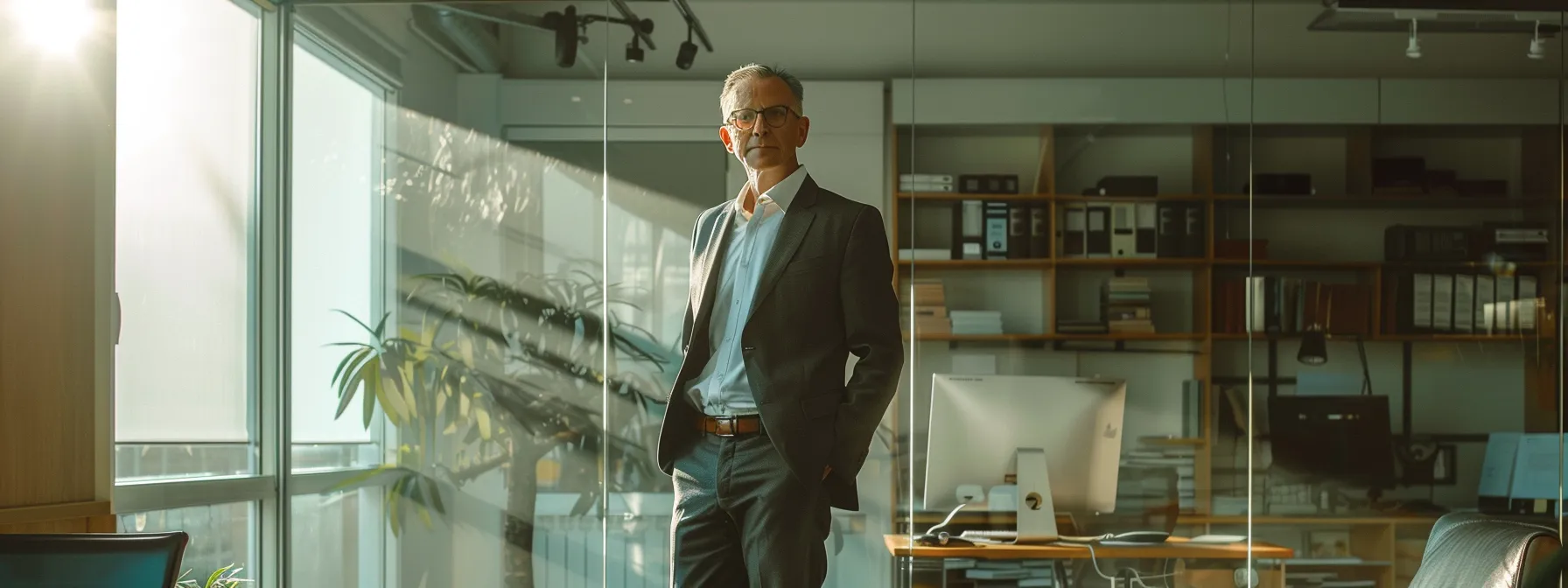 a ceo standing confidently in a clear glass office, symbolizing integrity, accountability, and trust.