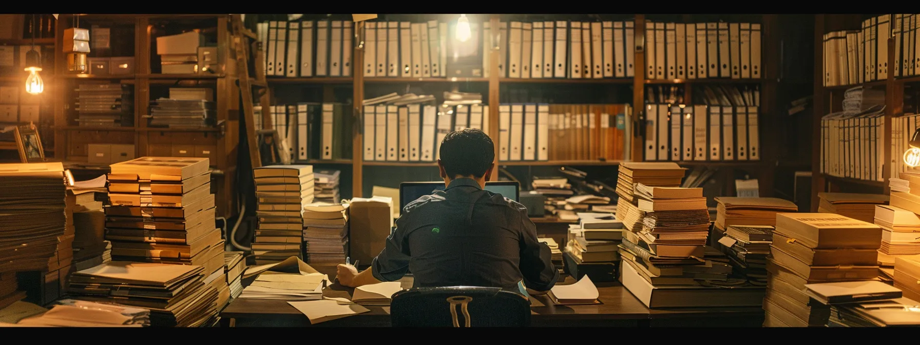 a person surrounded by stacks of organized files and folders, consulting with a group of lawyers in a well-lit office.