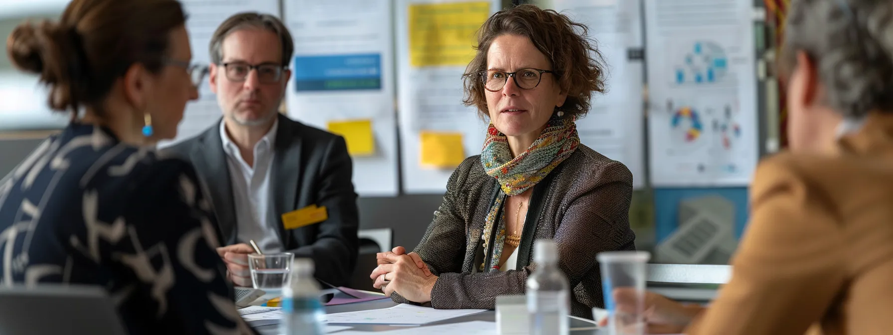 a leader engrossed in a workshop, surrounded by peers giving feedback, with a focus on communication posters and training materials.