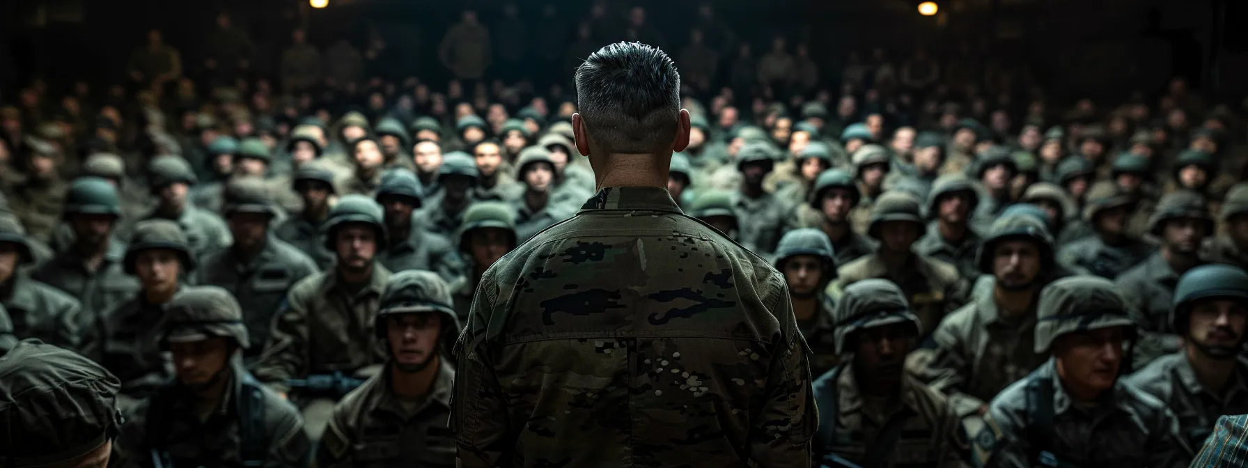 a stoic general eisenhower stands before a diverse group of allied troops, delivering a powerful and motivational speech in preparation for operation overlord.