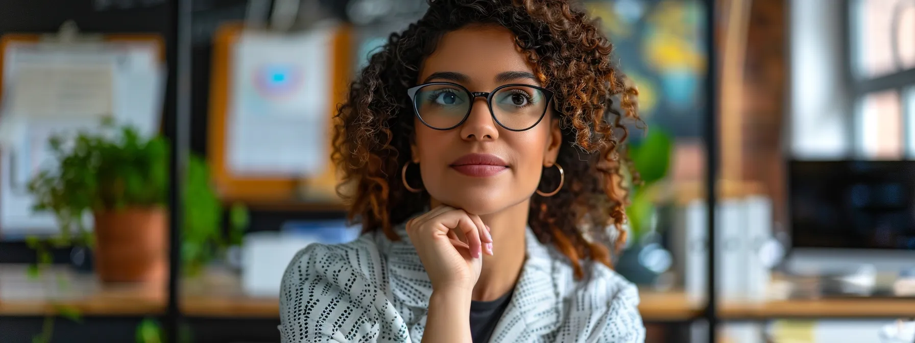 a professional woman calmly discussing her rebuttal in a serene office setting, surrounded by communication tools and documents.