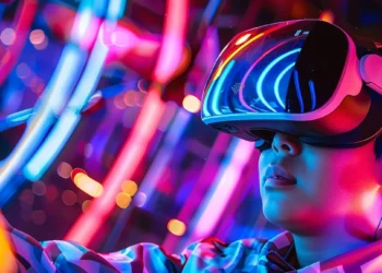 a player fully immersed in a futuristic virtual reality game, dodging colorful obstacles and battling digital opponents in a high-tech gaming arena.