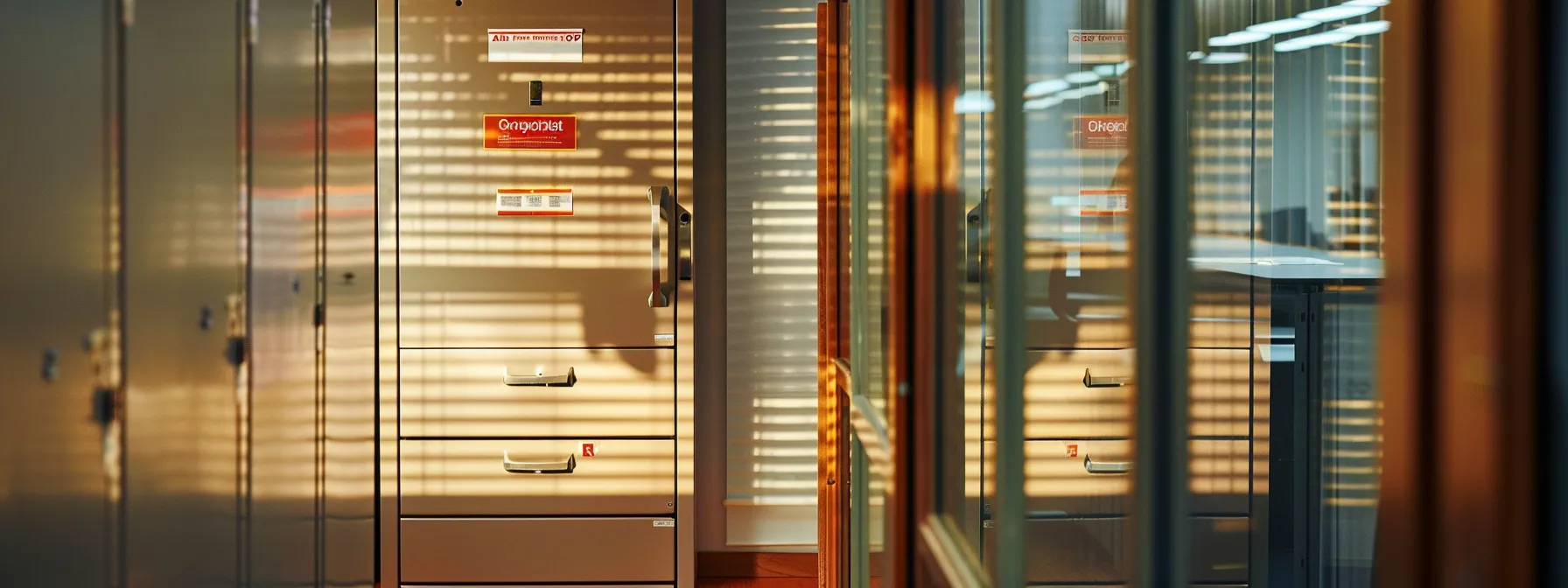 a locked filing cabinet with a labeled 'confidential' sticker, surrounded by privacy screens, symbolizing secure handling and storage of sensitive hr documentation.