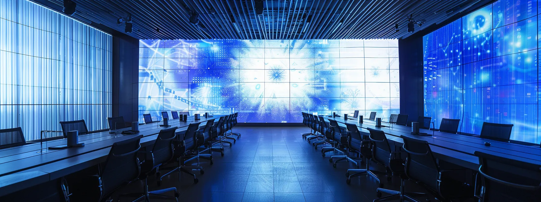 a futuristic conference room with holographic displays showcasing quantum computing, machine learning algorithms, 5g technology, and virtual reality simulations, setting the stage for innovative leadership strategies.