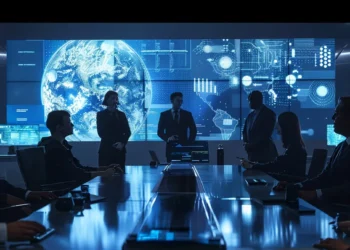 a diverse group of tech leaders brainstorming around a sleek, futuristic conference table, surrounded by cutting-edge gadgets and screens displaying innovative ideas.