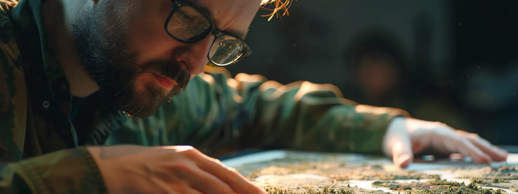 a strategist carefully analyzing a battlefield terrain with a focused and calculated gaze.