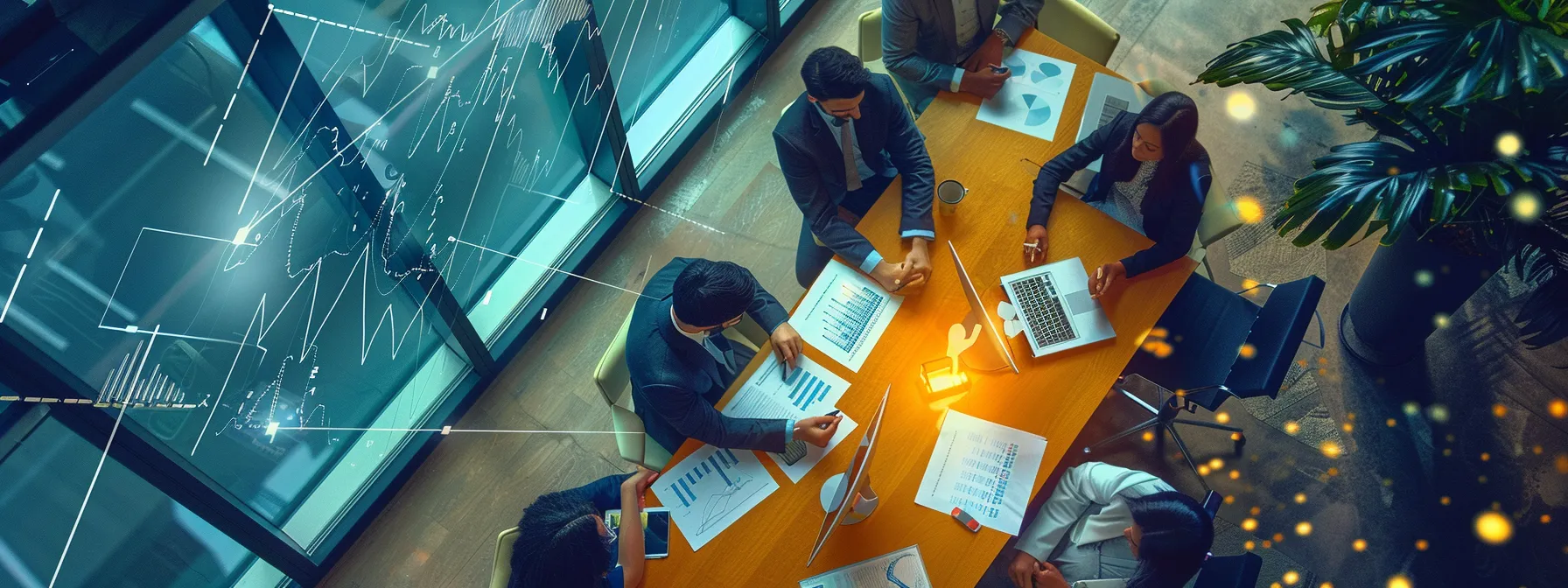 a diverse group of business professionals engaged in a deep discussion around a conference table, surrounded by charts and graphs representing risk and opportunity assessments.