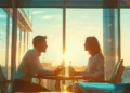 two colleagues engaging in a productive conversation while sitting at a table in a bright and modern office space.