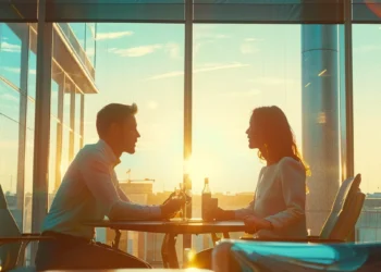 two colleagues engaging in a productive conversation while sitting at a table in a bright and modern office space.