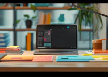 a neatly organized desk with a color-coded planner, sticky notes, and a sleek laptop, symbolizing effective executive assistant goal setting strategies.