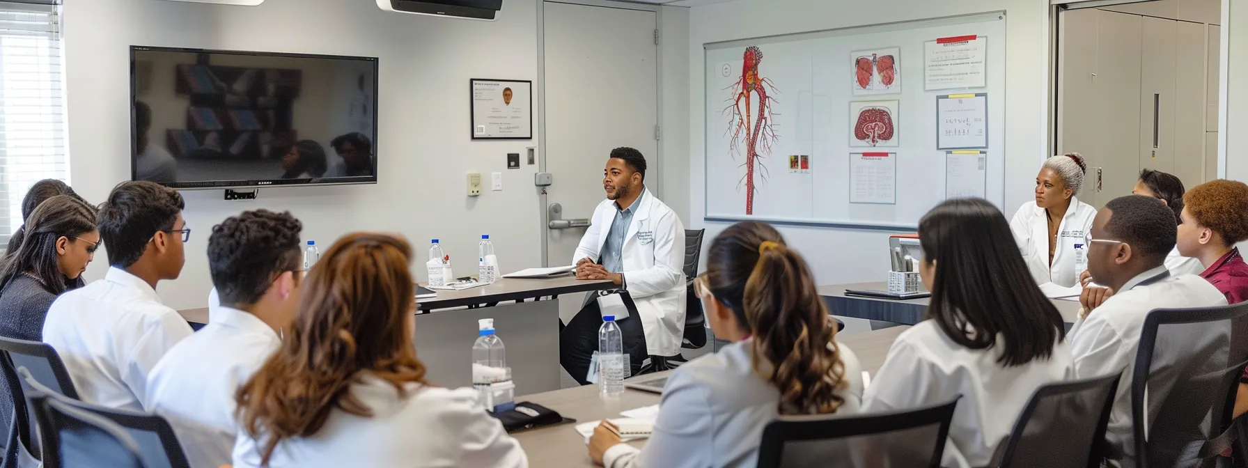 a diverse group of aspiring healthcare professionals engaging in a collaborative brainstorming session, surrounded by innovative medical equipment and mentorship figures.