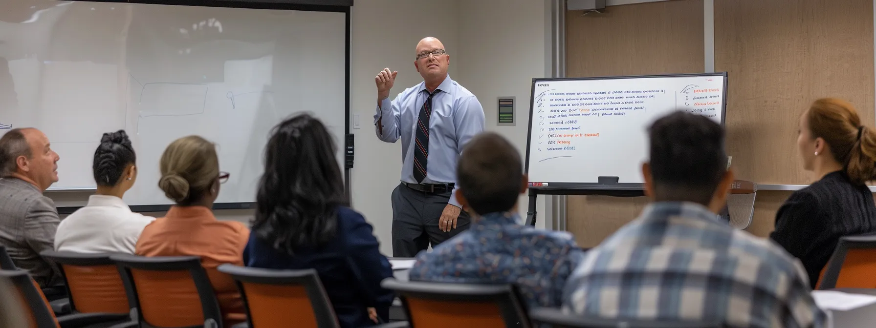 a leader confidently addressing a diverse group of team members in a calm, well-lit conference room, with a whiteboard displaying clear and consistent information about crisis management strategies.