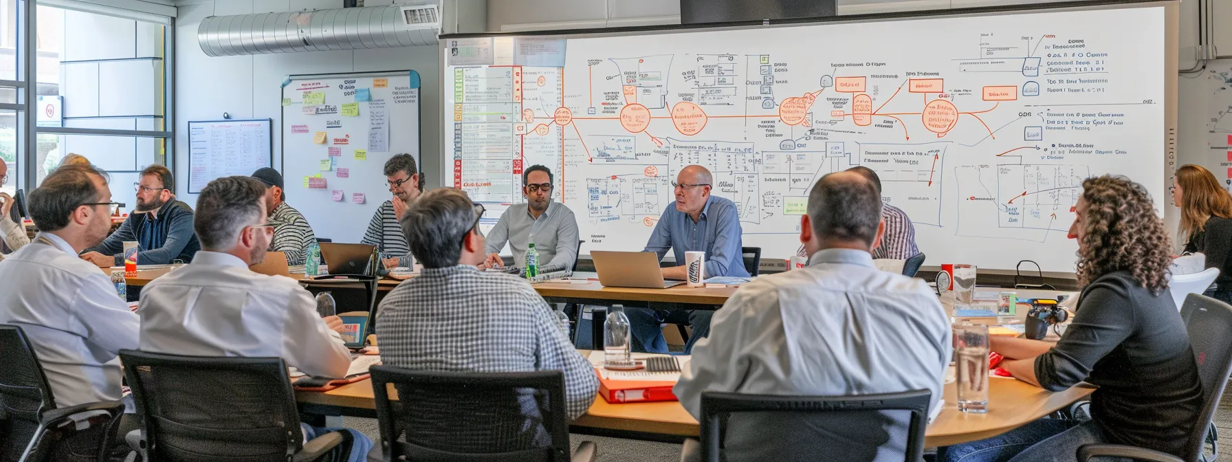 a diverse group of professionals sitting around a table, engaged in intense discussion, while a large whiteboard behind them displays a detailed strategic plan.