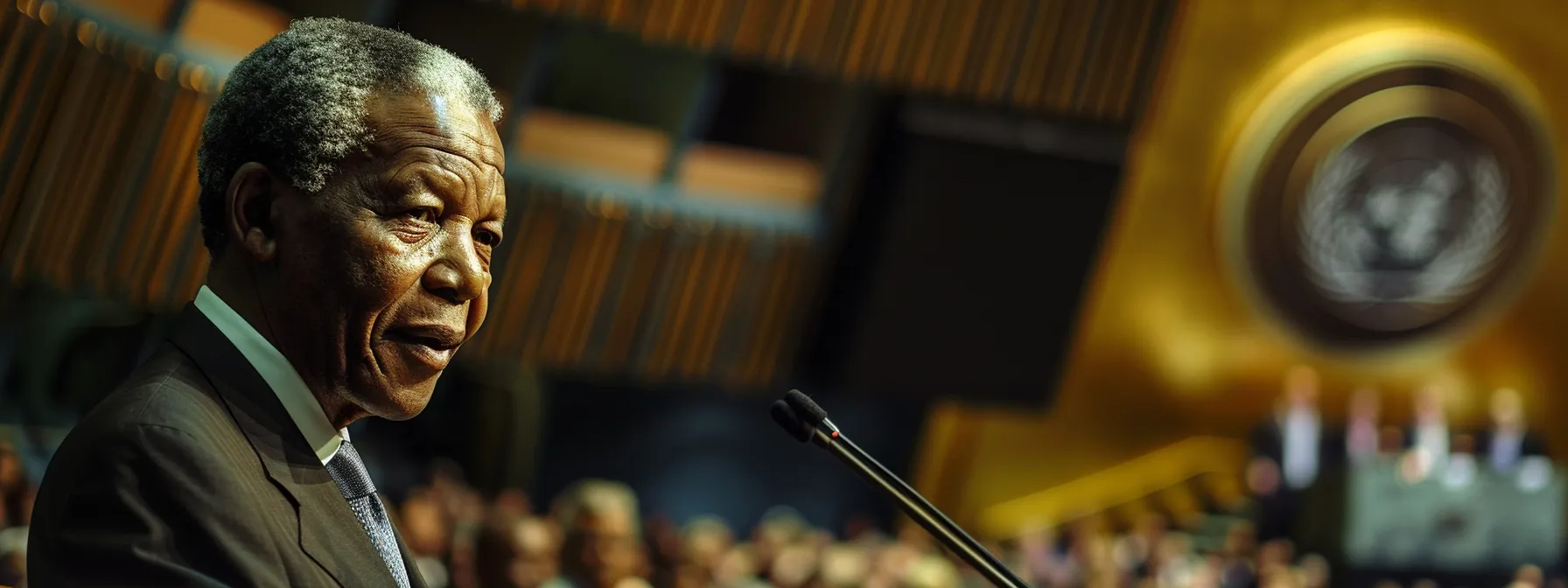 a photo of nelson mandela speaking at the united nations, exuding wisdom and determination while surrounded by world leaders and activists.