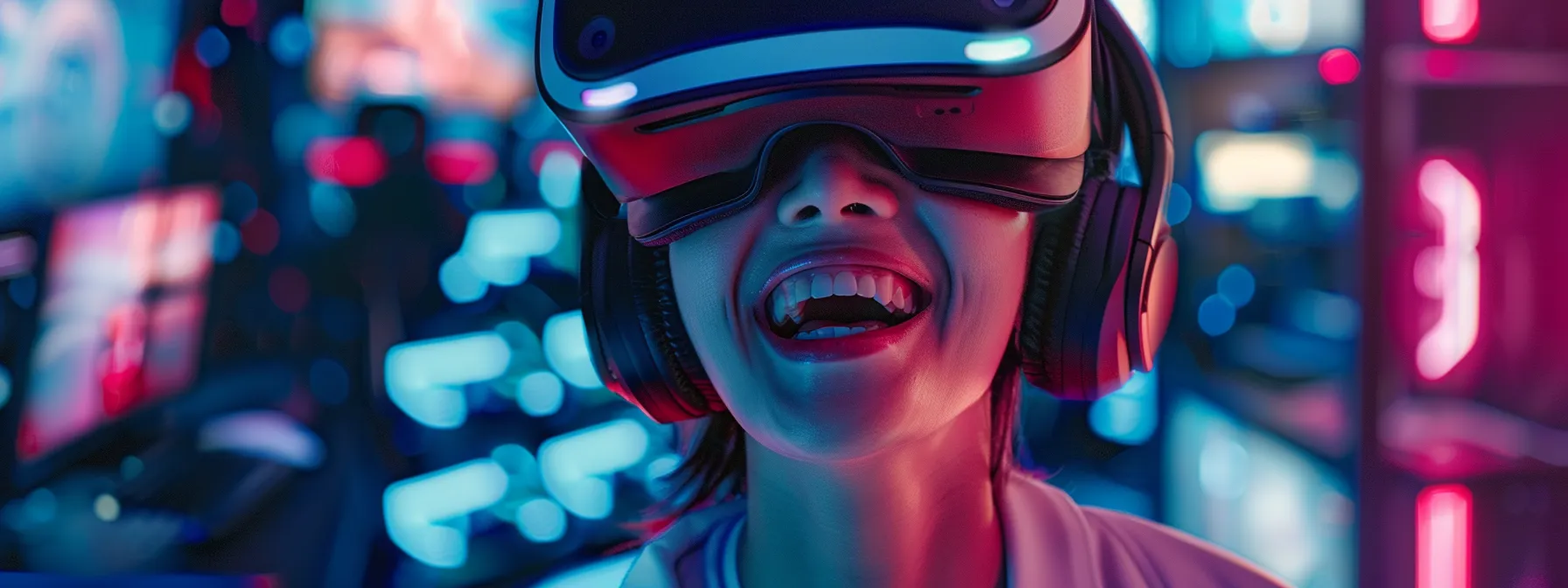 a person wearing a vr headset with a big smile on their face, surrounded by futuristic gaming equipment.