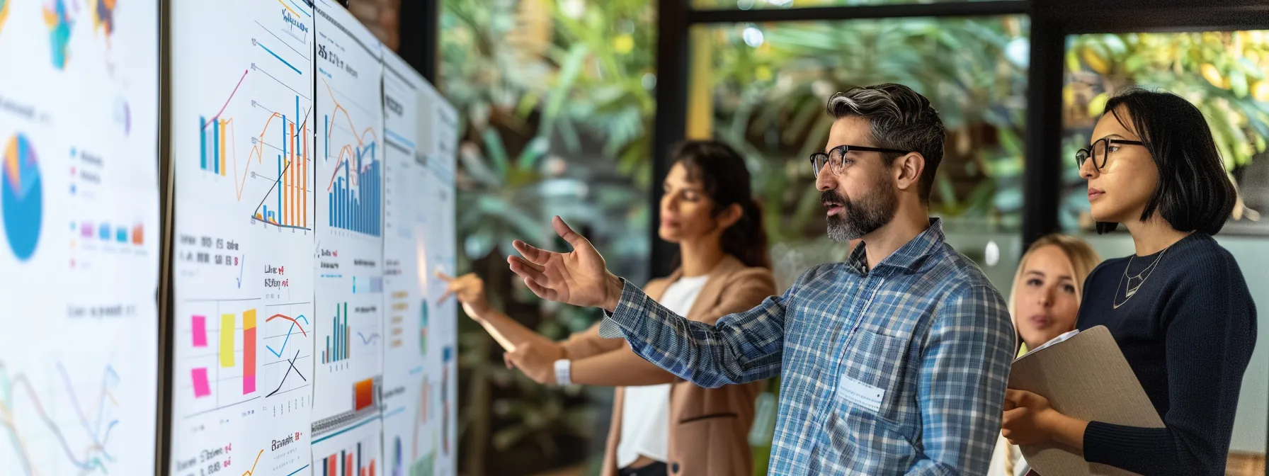 a determined project manager confidently leading a team through a successful project, with charts and plans in hand.