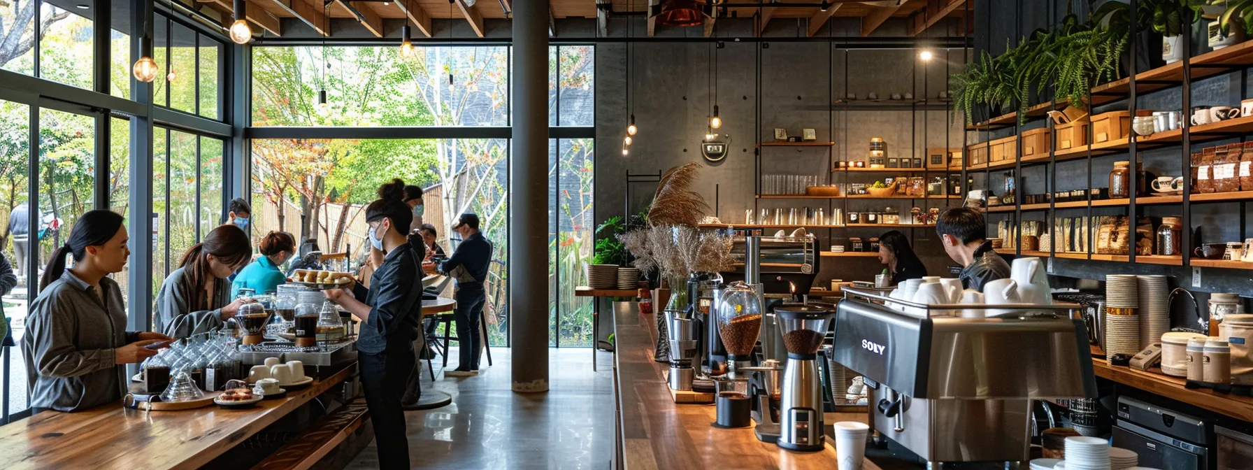 a modern, eco-friendly coffee shop bustling with customers enjoying specialty coffee blends, surrounded by sustainable and ethically sourced decor.