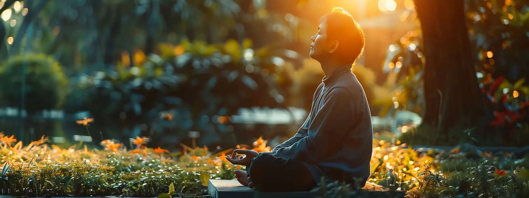 a leader sitting serenely in a peaceful garden, symbolizing the importance of work-life balance in maintaining mental health and fostering a positive workplace culture.