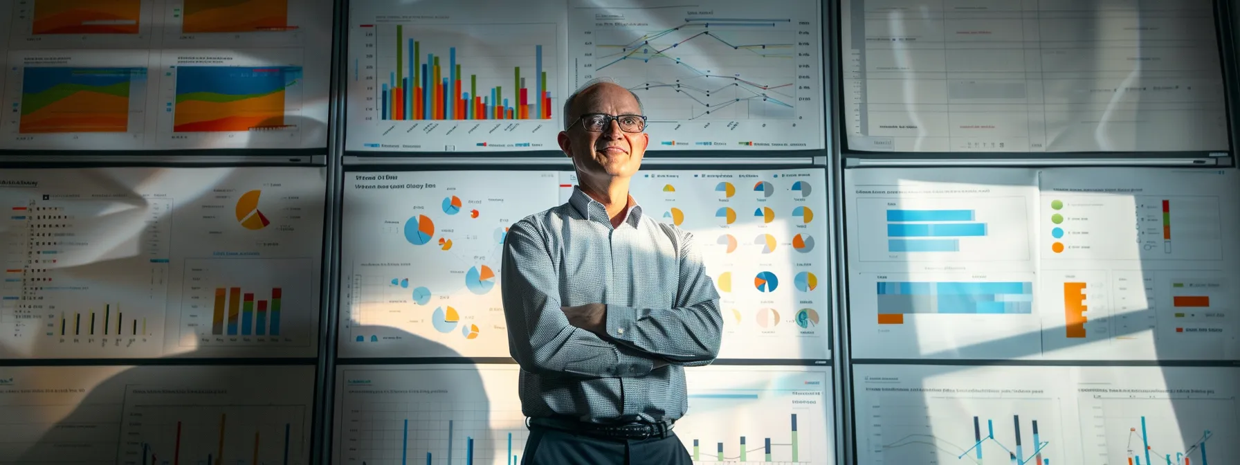 a confident leader standing proudly in front of a whiteboard filled with charts, graphs, and statistics showing successful project outcomes, efficiency improvements, cost savings, and team growth.