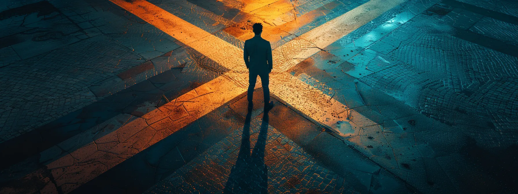 a leader standing at a crossroads, weighing a balance between stakeholder needs and organizational values, symbolizing the ethical considerations in leadership decisions.