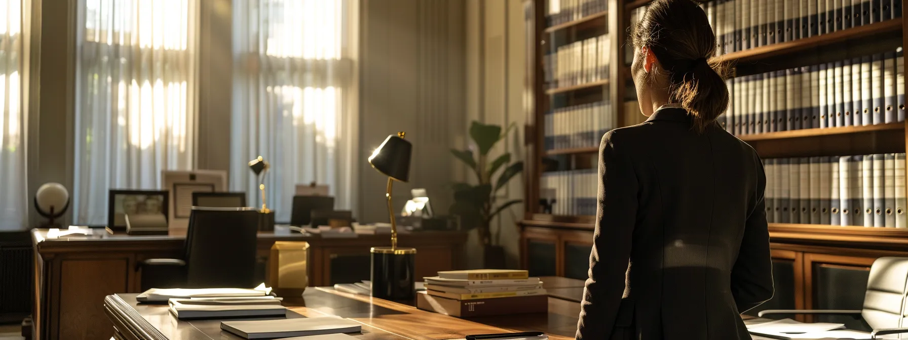 a person confidently standing in a well-lit office, surrounded by legal documents and a supportive legal team, ready to assert their rights as the accused in a workplace accusation case.