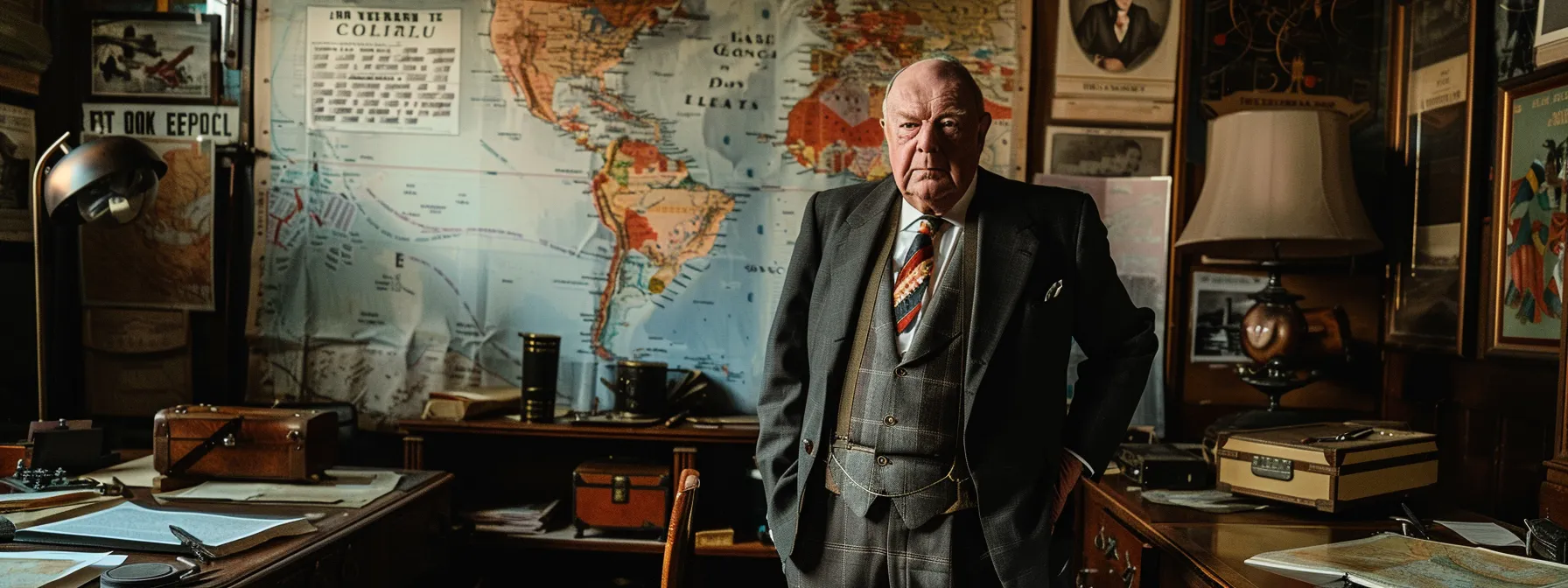 a bold and determined winston churchill stands amidst a war room filled with maps and charts, inspiring unity and decisive action in the face of adversity.