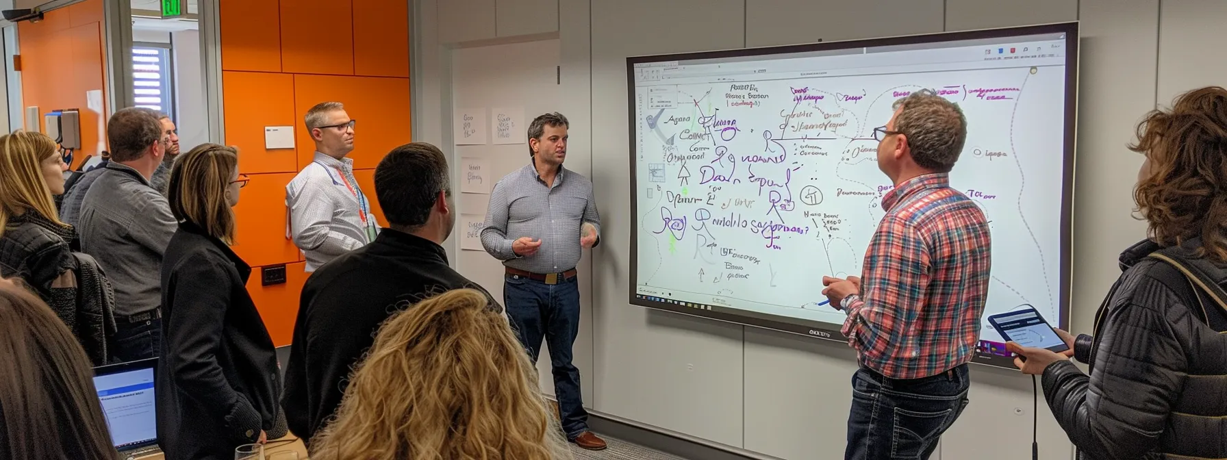 a group of leaders gathered around a whiteboard, brainstorming and collaborating on solutions to a complex challenge.