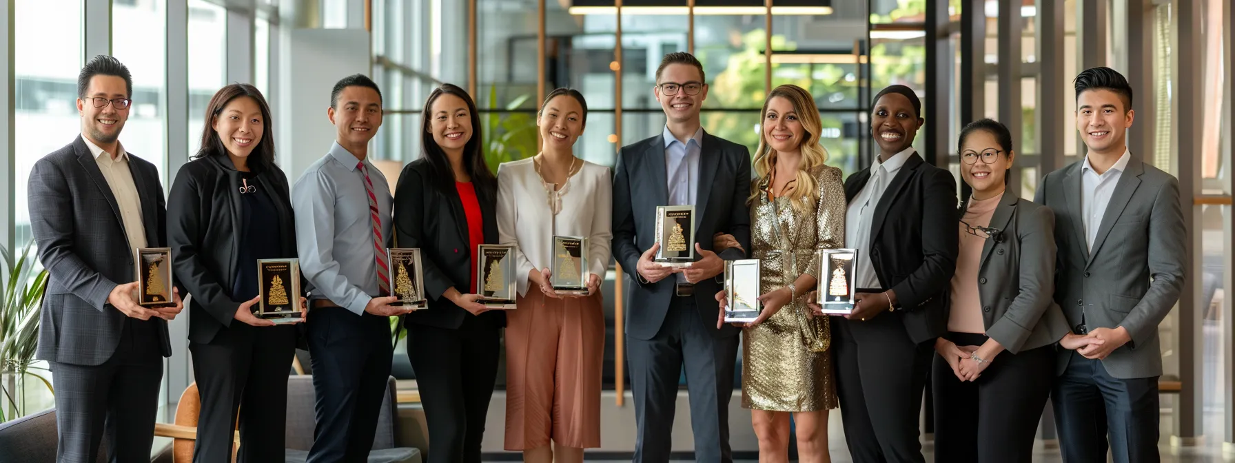 a group of diverse and smiling employees receiving awards in a modern office setting.