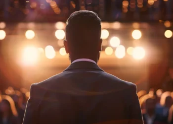 a confident leader standing tall on a stage, facing a diverse crowd while maintaining a calm and composed demeanor.