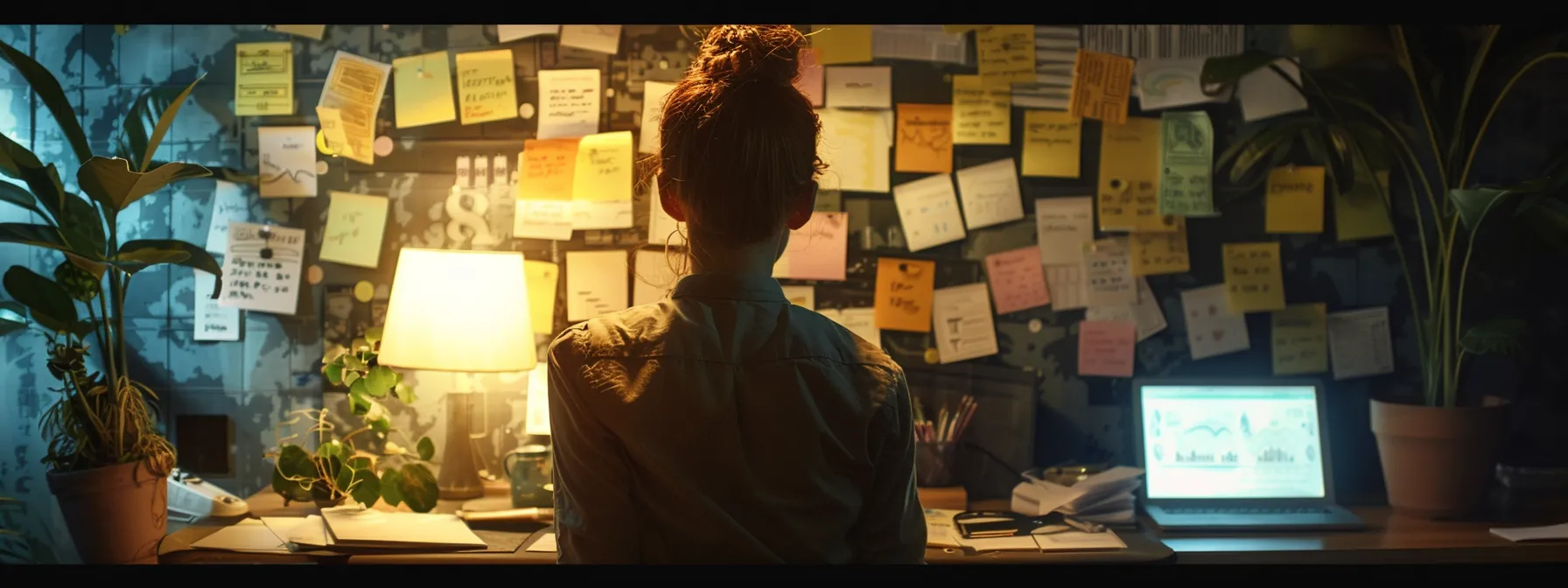 an executive assistant reviewing a vision board filled with achievements and growth milestones, surrounded by sticky notes outlining strategies for continuous improvement.