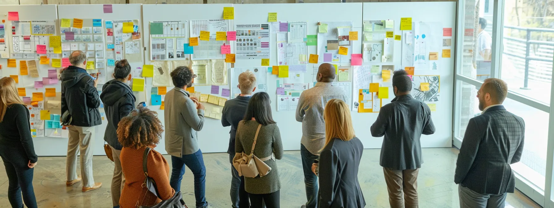 a diverse group of professionals engaged in dynamic discussion, surrounded by whiteboards filled with strategic plans and colorful sticky notes, embodying collaborative and empowered teamwork for collective success.