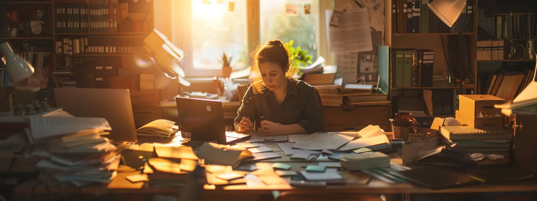 a focused executive assistant sitting at a cluttered desk, frantically juggling multiple tasks and schedules.