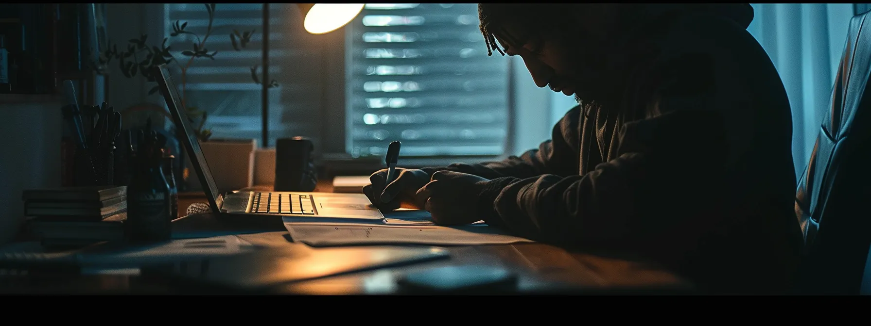 a person calmly reviewing detailed information while documenting events to manage stress when accused.