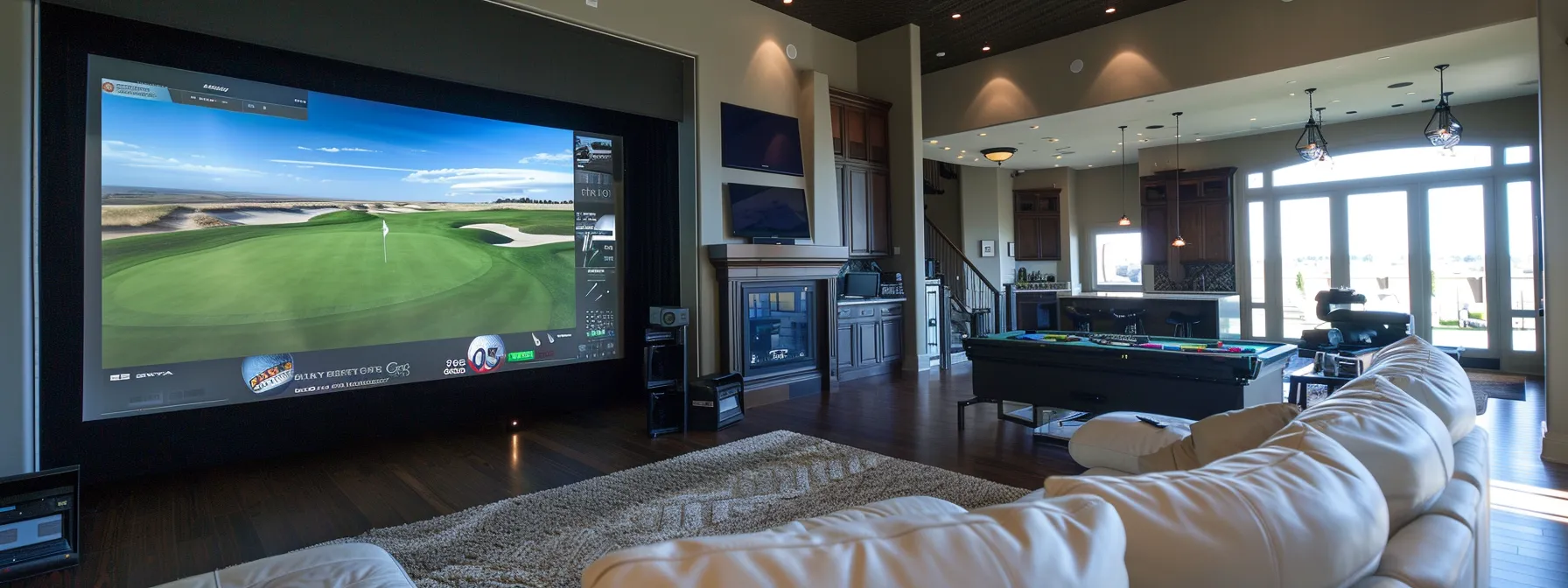 picture a sleek, high-tech golf simulator in a modern living room, complete with realistic graphics and immersive technology for the ultimate home golfing experience.