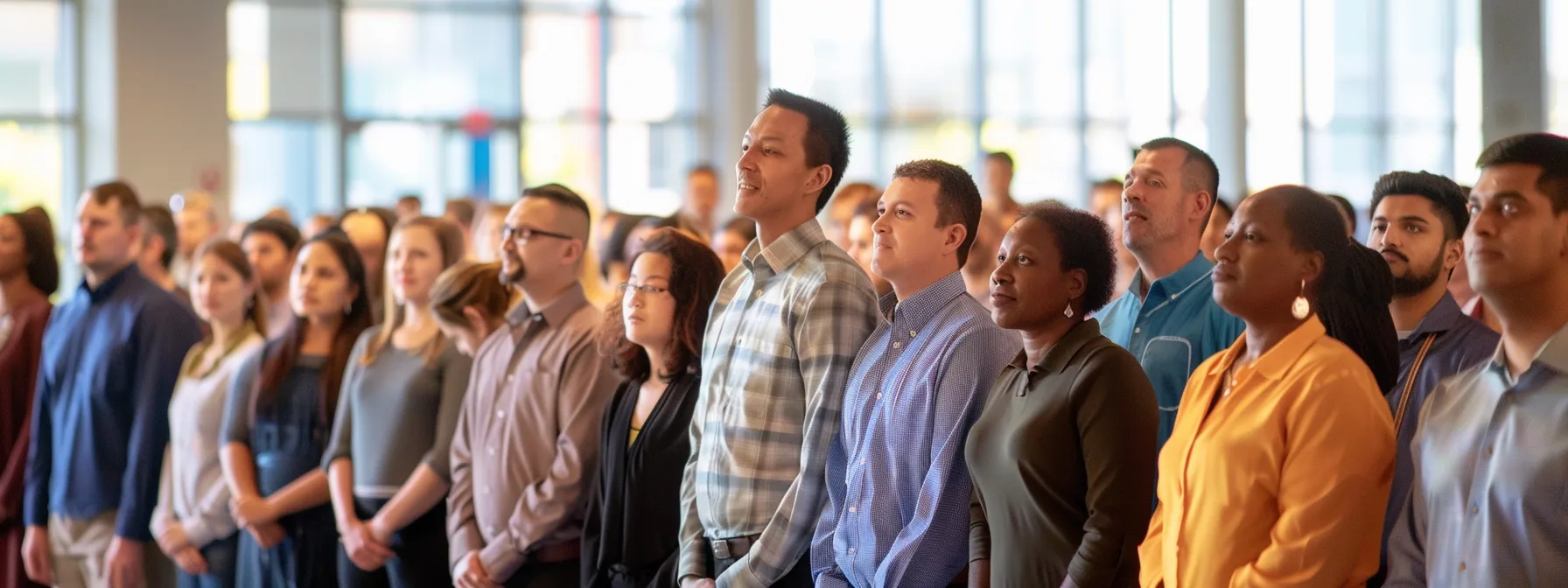 a diverse group of employees gathered around a confident leader, exuding trust and unity in their interactions.