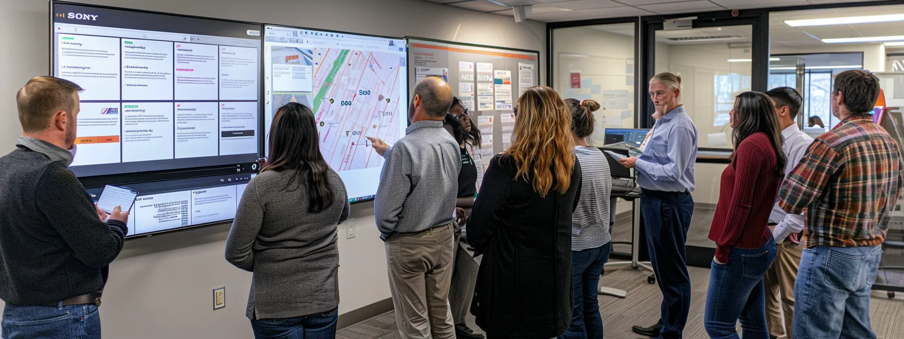 a group of employees gathered around a clearly displayed workplace policy board, discussing and understanding the support available to them, including the employee assistance program and the role of the title ix coordinator.