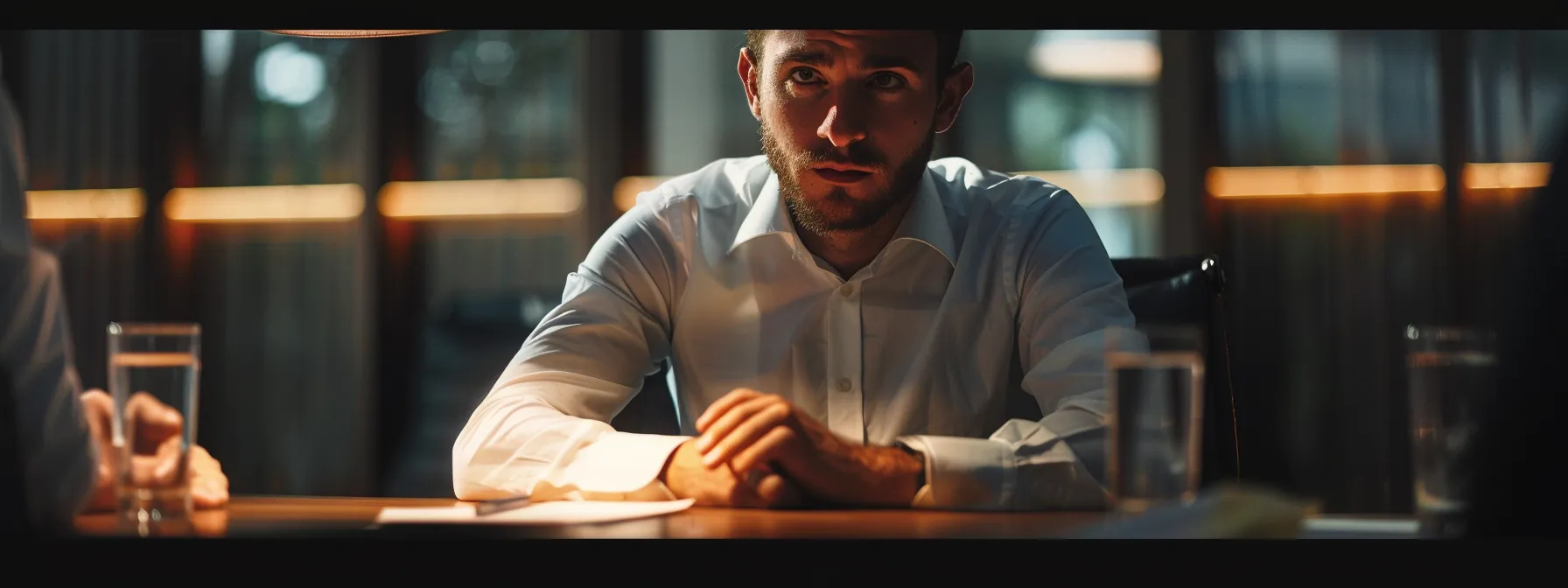 a team leader sitting at a conference table, listening attentively to a colleague with a look of empathy and understanding.