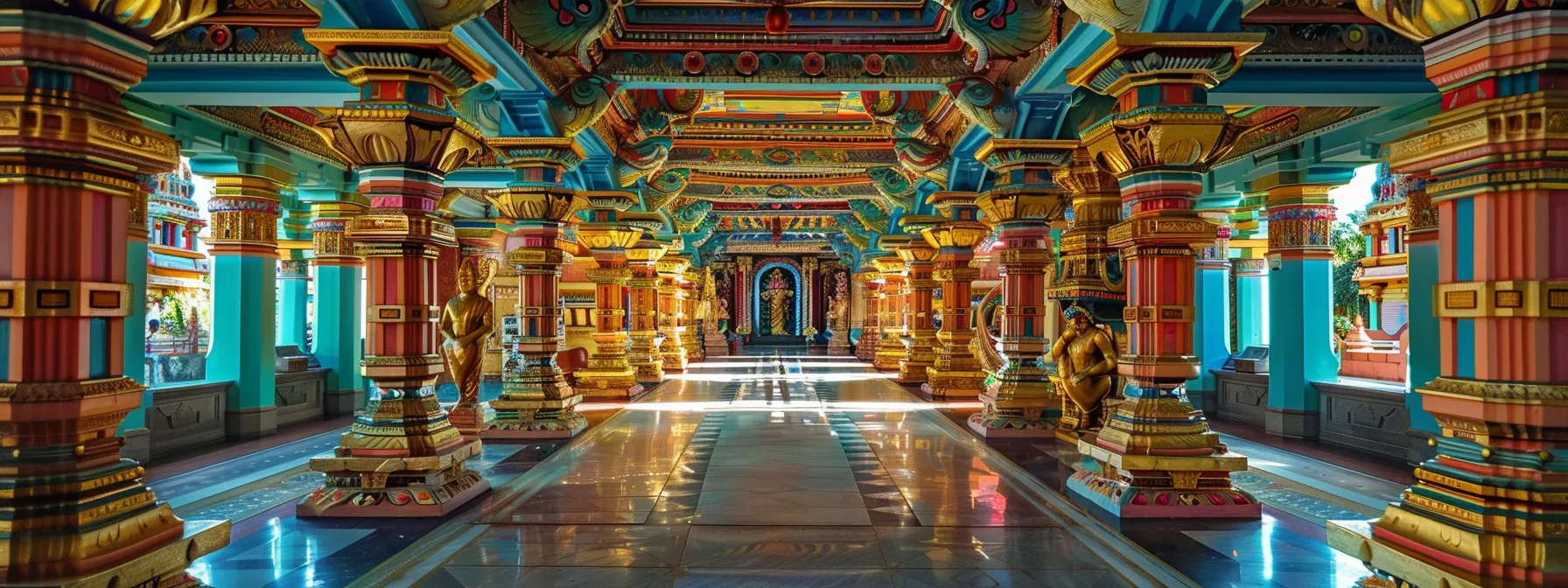 an opulent and colorful temple filled with art and education, reflecting the cultural and religious influence of ancient empire leaders.