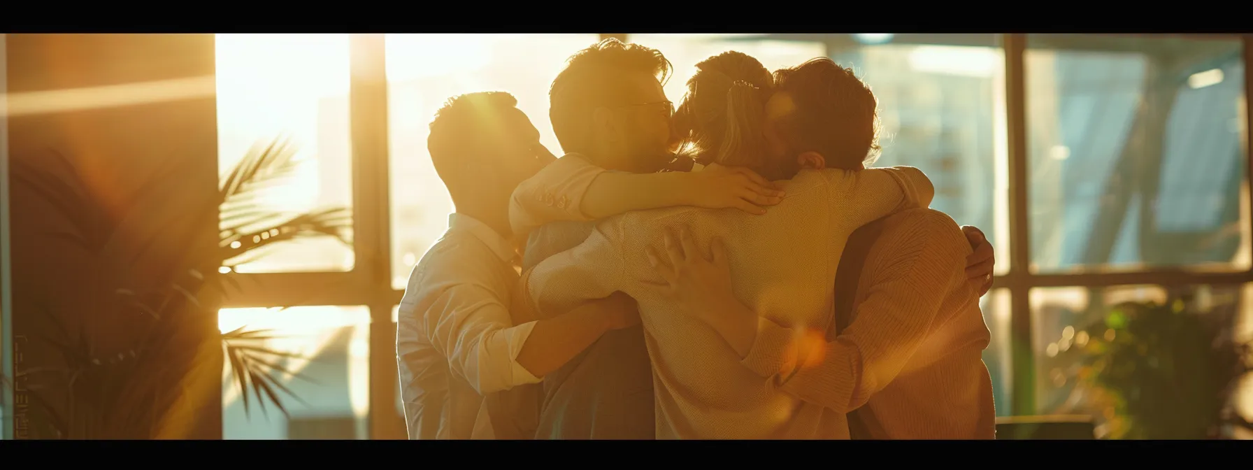 a group of coworkers huddled together, offering support and encouragement to one another in a bright, open office space.