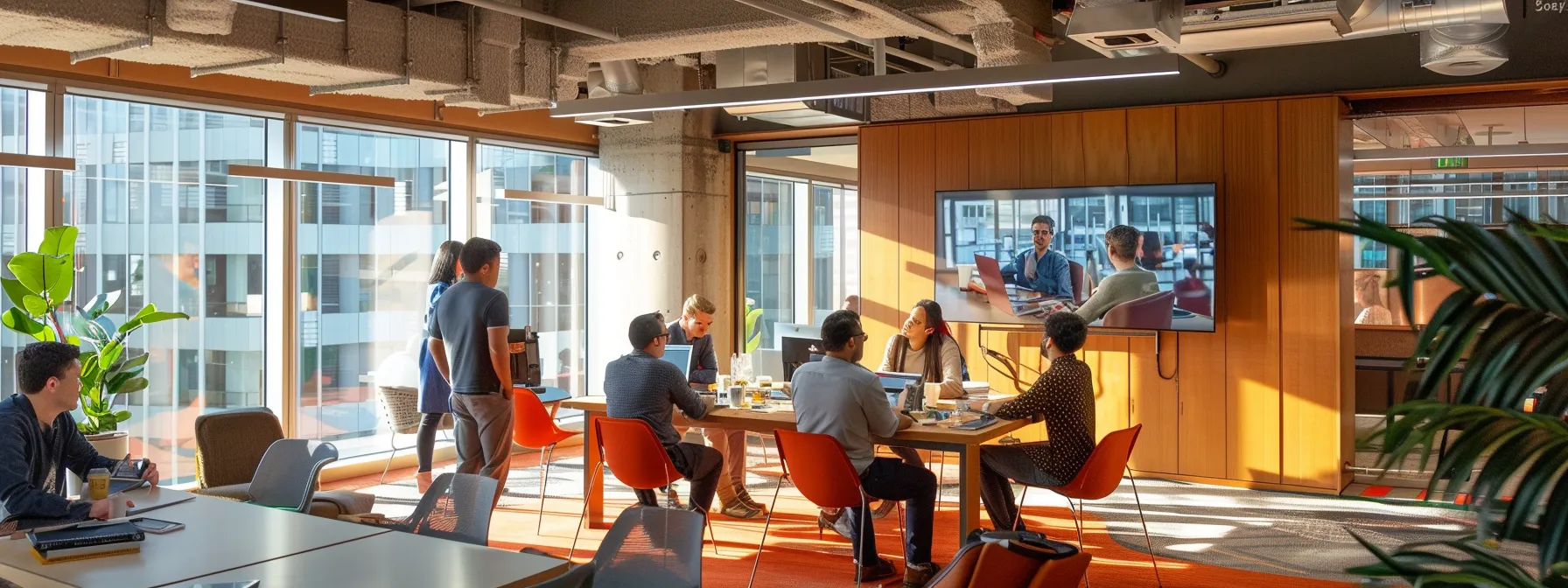 a diverse group of professionals collaborating in a modern office setting, engrossed in a cross-functional project meeting.