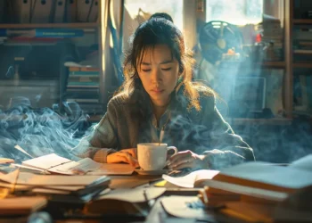 a woman sits calmly at her desk, surrounded by cluttered papers and a steaming cup of tea, as she breathes deeply to manage stress from workplace false accusations.